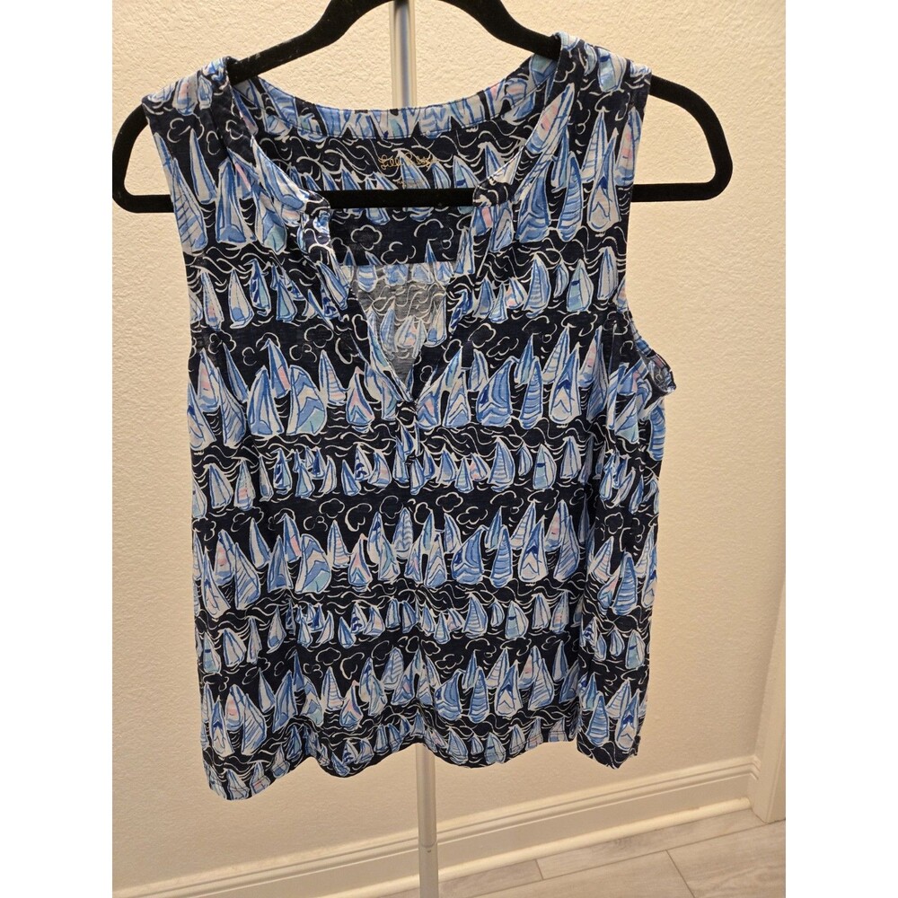 Lilly Pulitzer Large Sailboat Print Sleeveless Tank Top Women Blue Nautical Cami
